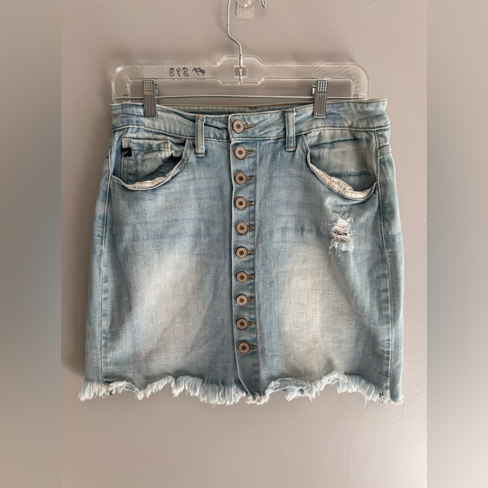 Kancan Women’s Denim Cutoff Button Fly Mini Skirt SZ L Distressed Faded Casual